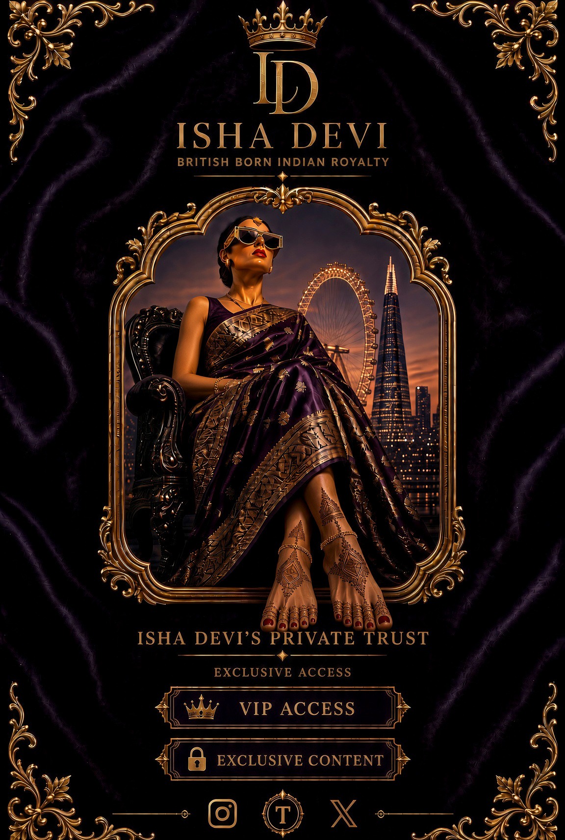 Isha Devi seated on a throne overlooking London, framed in gold against purple velvet.